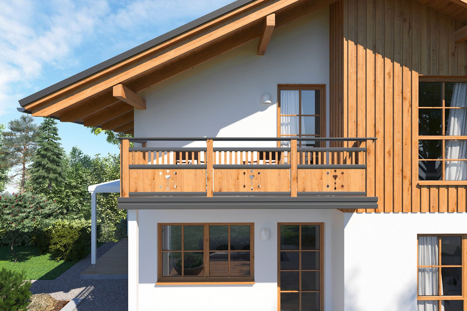 Ringhiera del balcone nel classico look in legno alpino con elementi in alluminio - Balcone in alluminio Alu Classic Lofer